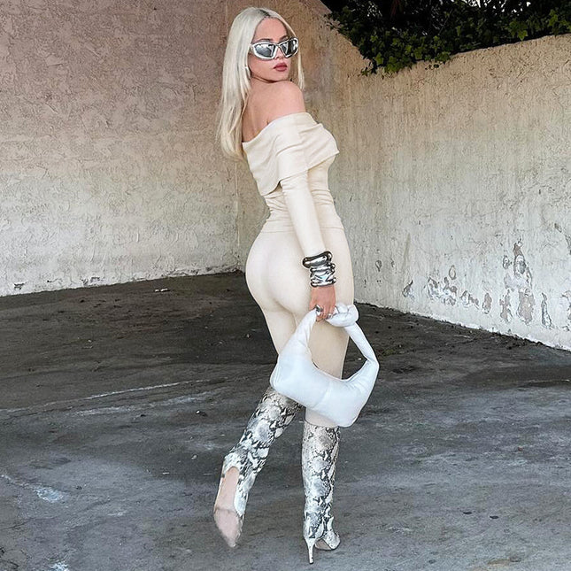 European And American Solid Color Rib Long Sleeve Off-shoulder Slim Trousers Two-piece Set