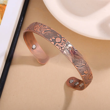 Draak-en-Feniks-Patroon Vintage Soliede Koper Magnetiese Oop-Punt Verstelbare Armband Vir Mans En Vroue