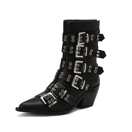Autumn And Winter Pointed Knight Women's Boots Plus Size Punk Belt Buckle Booties