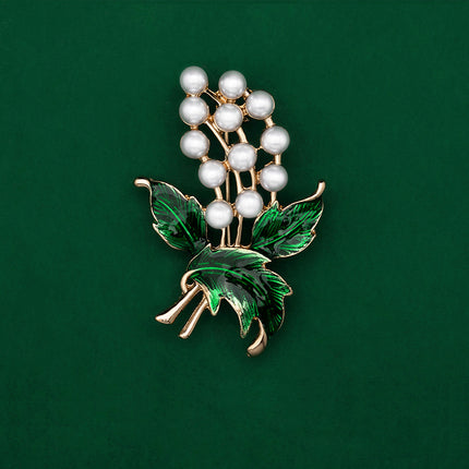 Fashionable Trendy Plant And Pearl Brooch In Alloy And Enamel