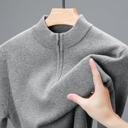 Men's Half-high Collar Zipper Sweater Middle-aged Men's Thickened Keep Warm Pure Color Sweater