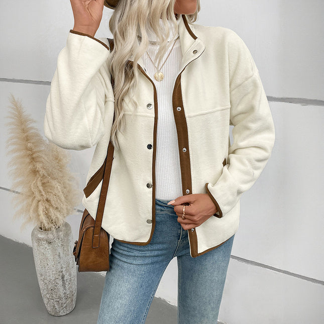 European And American Contrast Color Polar Fleece Cardigan Women's Fleece Short Stand-up Collar Casual Jacket