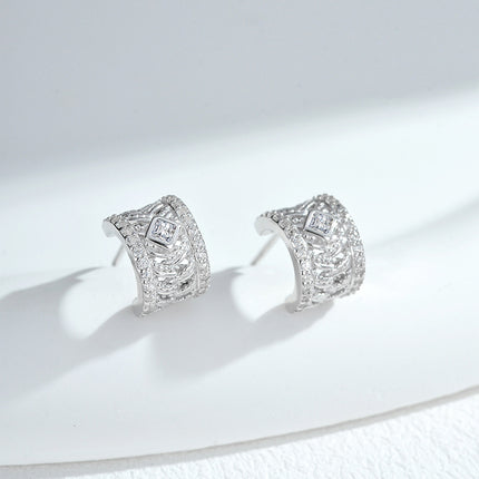 Brocade-Weave Filigree Stud Earrings S925 Sterling Silver Light Luxury High-End Diamond-Inlaid Sand Gold