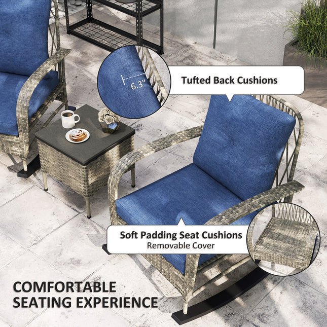 3-stuk Wicker Patio Meubelstel, Buiten PE Rattan Skommelstoele Met Koffietafel, Kussings Vir Stoep, Grys