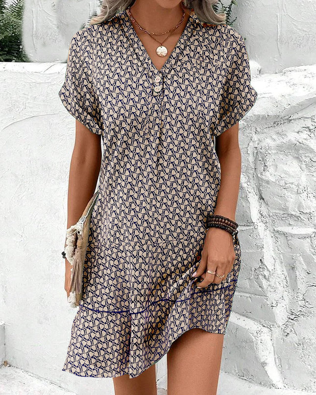 V-neck Loose Waist Printed Short Sleeve Dress