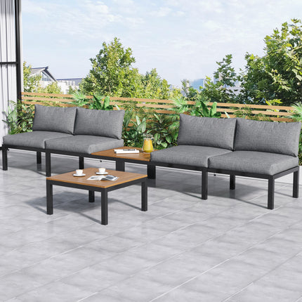 Buite Patio- & Agterplaasmeubels Tuinrusbankstel Vir 4 Mense, Ruimtebesparende Dik Kwaliteit L-vormige Hoekbank Met Houttafel, Grys