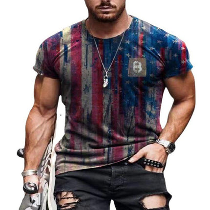 Star Flag Print Retro Round Neck Pullover Short Sleeves