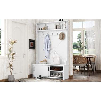 Hall Tree With Top Shelf And Storage Bench, Hallway Shoe Cabinet With Sliding Doors, Coat Rack With 5 Hanging Hooks For Entryways Hallways