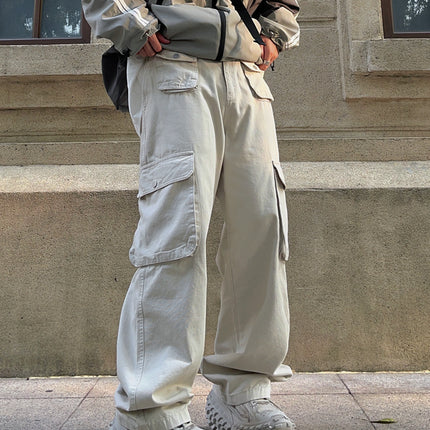 Pants Casual Multi-pocket Loose Straight Retro American Overalls In Brown