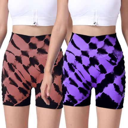 2 Pack Us Local Women's Side Cut-Out Tie-Dye Seamless Hip Lift High Waist Sports Fitness Yoga Shorts