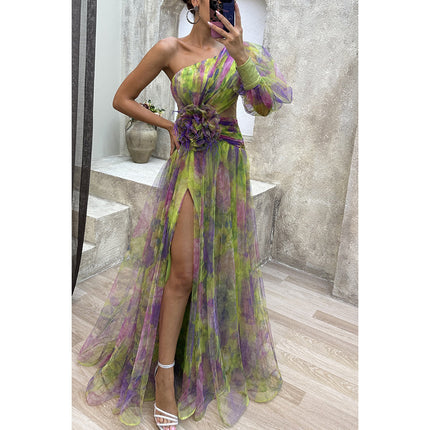 New Party Mesh Slanted Shoulder Dress INS Casual And Fashionable Women's Long Skirt