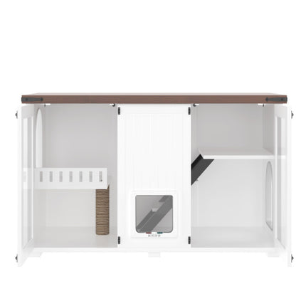 47.25 Large Cat Litter Box Enclosure With LED Light, Hidden Litter Box Furniture, Cat House With Stairs And Cat Scratching Post, Cat Cabinet Side Table With Smart Doors For Living Room, White