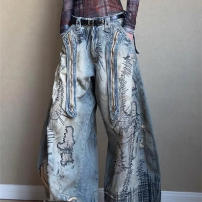 Plus Size Street Men's Random Needle Embroidery Stain Jeans