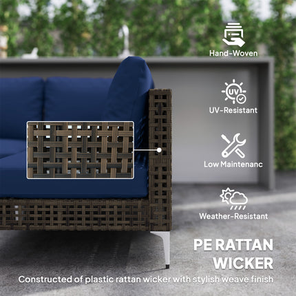 7-stuk Rattan Patio Meubelstel, Modulêre Buitelug-seksiebank met Verdikte Kussings, Akasiahouttafel, Bruin/Blou