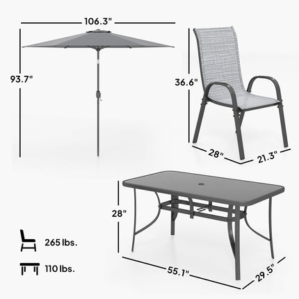 8-stuk Patio Meubelstel met 9vt Patio Sambreel, Buitelug Eetkamertafel en Stoele, Gemengde Grys