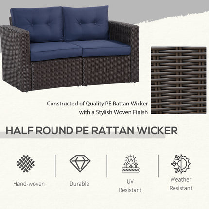 2 Stuk Patio Rattan Hoekbankstel, Buiten PE Rattan Meubels, met Geboë Armleunings en Gevulde Kussings vir Balkon, Tuin of Grasperk, Donkerblou