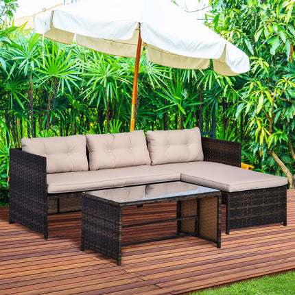 3-stuk Patio Meubelstel, Rattan Buite Bankstel met Lêbank & Liefdesbank, Sagte Kussings, Gehard Glas Tafel, L-vormige Seksionele Bank, Beige