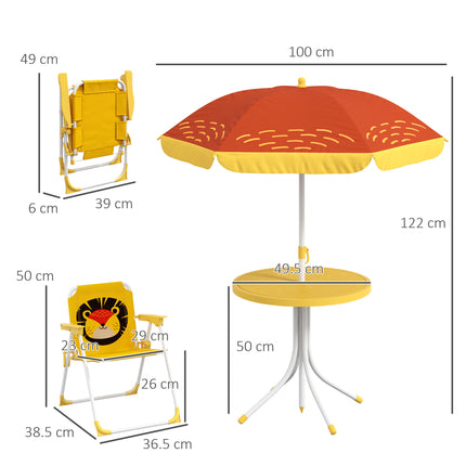 Kinderspiekniektafel en -stoelstel, Leeu-tema Buitenste Tuinmeubels Met Opvoubare Stoele, Verstelbare Sambreel - Geel