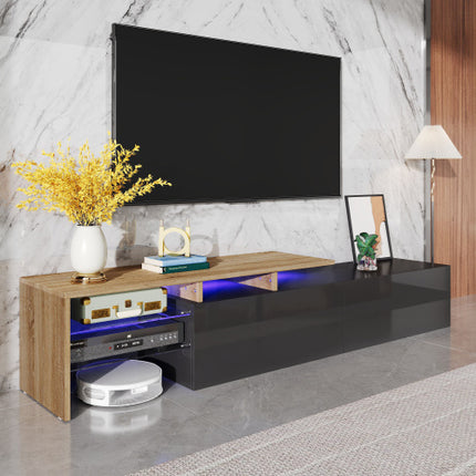 Moderne TV-Kabinetsontwerp Stylvol en Elegant, Praktiese Bergingsruimte, Swart en Hout Voorkoms, Glasrakke, LED-Beligting