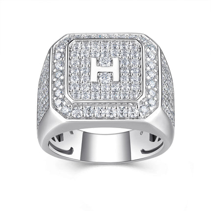 Men's Letter H Set With Top-quality Moissanite Luxury And Fashionable Light Luxury Jewelry Silver Ring S925 Silver Plated Platinum