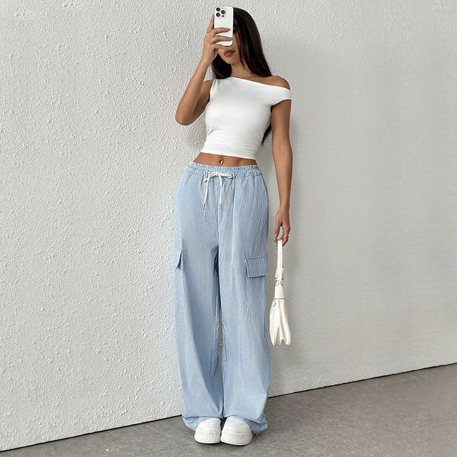 Women's Casual Elastic Striped Pocket Trousers