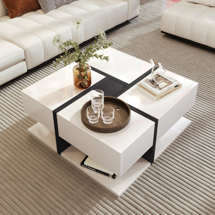 Coffee Table, Table With 4 Drawers, Unique Color Matching And Line Design, Storage Space At The Bottom. 78x78x36cm