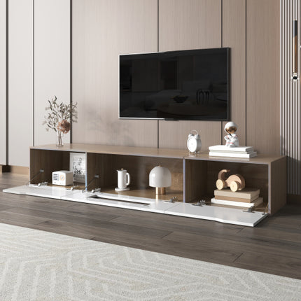 TV Cabinet, High Gloss TV Cabinet, Color Matching High-glosswhite And Wood Color, With Color Changing LED Light.