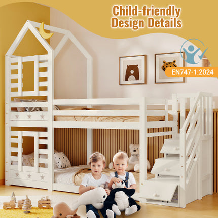 Stapelbedberging Kinderkajuitbed Enkelbed Met Venster Vir Kinders, Dubbelslaper 190x90 Cm, Soliede Dennehout, 3VT - Wit