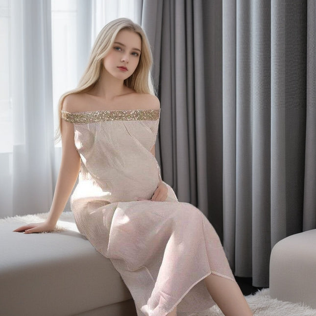 French Style Off-shoulder Sequined Tube Top Dress Lazy Vacation Style Seaside Pregnant Women Can Also Wear