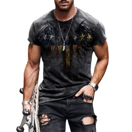 Star Flag Print Retro Round Neck Pullover Short Sleeves