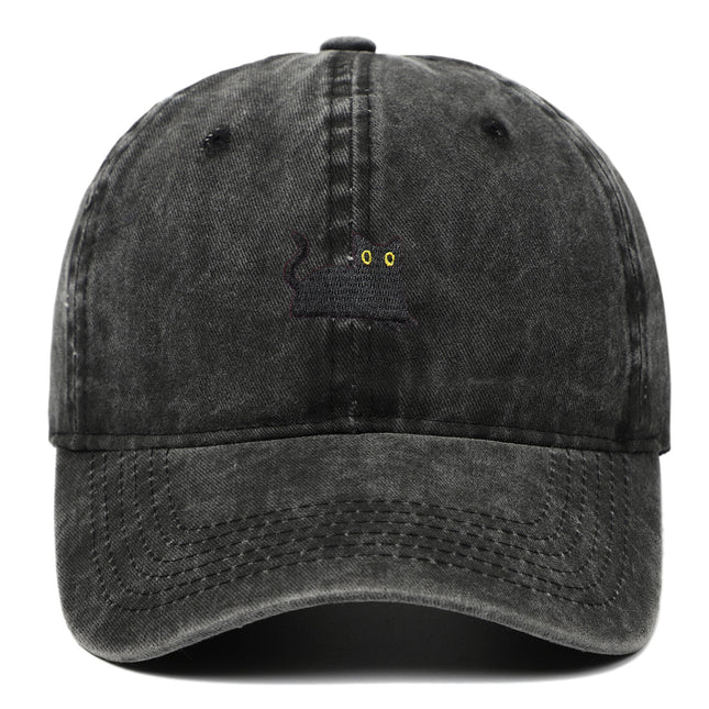 Black Cat Embroidered Washed Baseball Cap Sun Hat