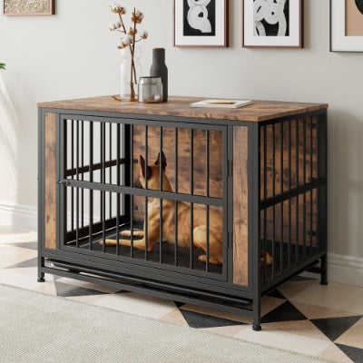 Dog Crate Furniture, Wooden Dog Crate Table, 38.9 Dog Kennel With 2 Sliding Doors And Thick Iron Door Frame, Decorative Pet Crate House For Large Medium Small Dog Indoor Use  Rustic Brown
