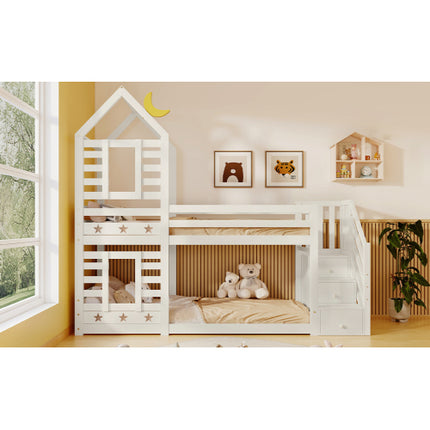 Stapelbedberging Kinderkajuitbed Enkelbed Met Venster Vir Kinders, Dubbelslaper 190x90 Cm, Soliede Dennehout, 3VT - Wit