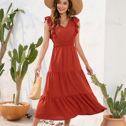 Long Casual Holiday V-neck High Waist Cake Dress