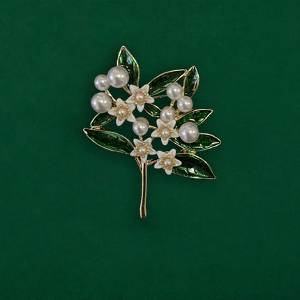 Fashionable Trendy Plant And Pearl Brooch In Alloy And Enamel