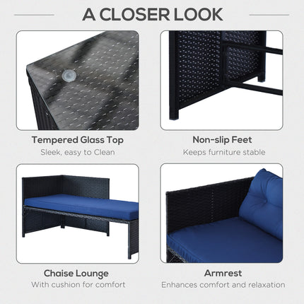 3-stuk-patiomeubelstel, rotan buitebankstel met leunstoel en liefdesbank, sagte kussings, gehardglas-tafel, L-vormige seksionele bank, blou