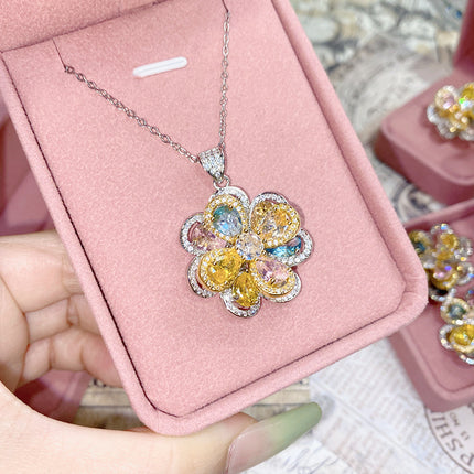 18K Plated Multi Faceted Translucent Colored Treasure Zircon Flower Earrings