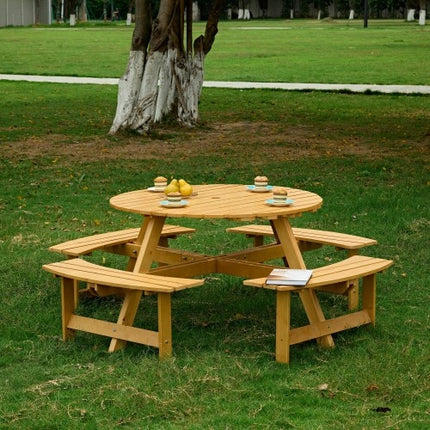 Buite 8 Persoon Piekniektafel, 8 Persoon Ronde Piekniektafel Met 4 Ingeboude Bankies, Sambreelgat, Buite Tafel- En Bankiestel Vir Tuin, Agterplaas, Stoep, Patio, Natuurlik