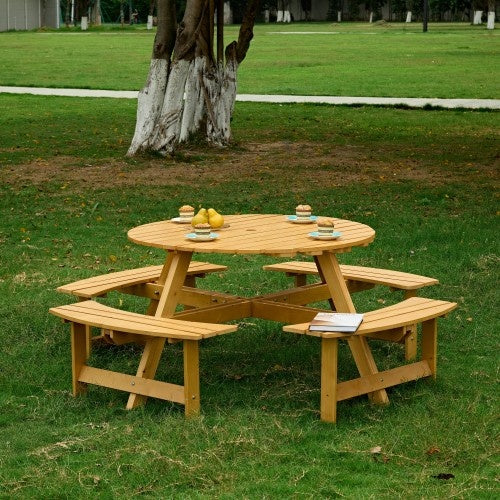Buite 8 Persoon Piekniektafel, 8 Persoon Ronde Piekniektafel Met 4 Ingeboude Bankies, Sambreelgat, Buite Tafel- En Bankiestel Vir Tuin, Agterplaas, Stoep, Patio, Natuurlik