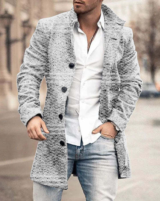 Autumn And Winter New Men's Woolen Stand Collar Medium Long Pocket Casual Coat