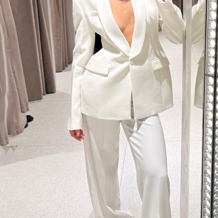 Solid Color Lapel Suit Jacket & High Waist Pants Set