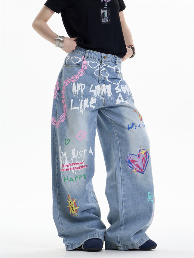 Waist Chain Printed Jeans Women's Straight Wide-leg Pants