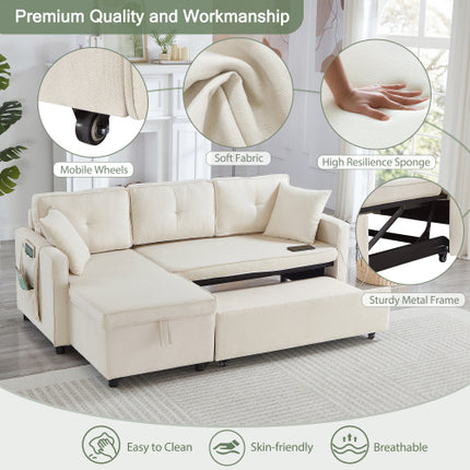 L-vormige Uittrekbare Slaapbank, Moderne Omkeerbare Slaapbank, 3-in-1 Omskakelbare Slaapbank met Bêre Chaise, Opvoubare Tafel, Bekerhouers en Laaipoorte