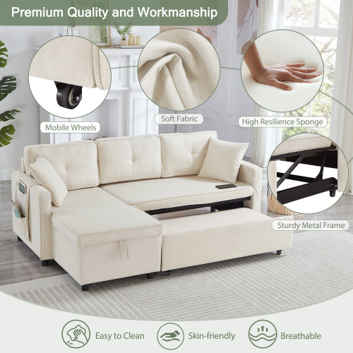 L-vormige Uittrekbare Slaapbank, Moderne Omkeerbare Slaapbank, 3-in-1 Omskakelbare Slaapbank met Bêre Chaise, Opvoubare Tafel, Bekerhouers en Laaipoorte