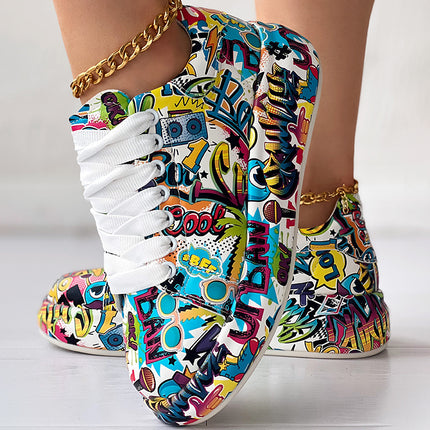 Women's Casual Round Toe Thick Sole Lace-Up Sneakers, Random Print Design, Comfortable Sporty Shoes For Daily Wear
