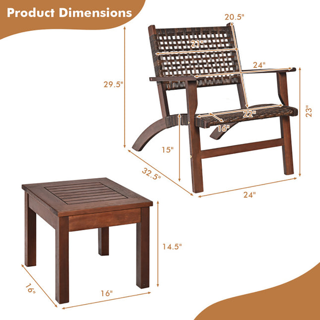 3 Stukke Buite Hout Patio Rattan Meubelstel