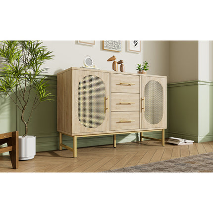 Rattan Sideboard Storage Cabinet With 2 Doors 3 Drawers, Storage Cabinet For Living Room, Bedroom, And Hallway, Metal Handles, Adjustable Shelves, Anti-Tip, 120 X 40 X 74 Cm, Oak