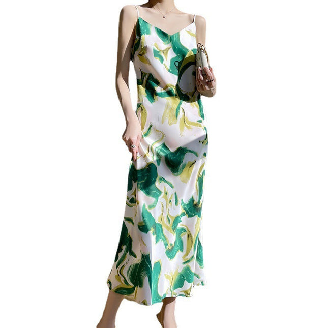 Women's V-neck Mid-length Satin Sling Dress