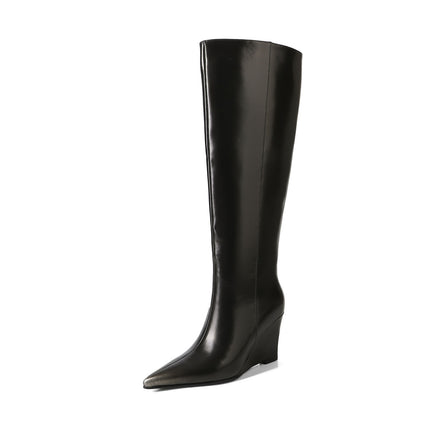 Temperament Pointed Cowhide Wedge Large Boots
