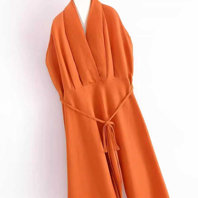 Backless Linen Midi Skirt Dress